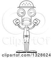 Lineart Clipart Of A Cartoon Black And White Skinny Mad Zookeeper Robot Royalty Free Outline Vector Illustration