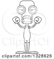 Lineart Clipart Of A Cartoon Black And White Skinny Mad Robot Wrestler Royalty Free Outline Vector Illustration