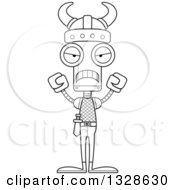 Lineart Clipart Of A Cartoon Black And White Skinny Mad Viking Robot Royalty Free Outline Vector Illustration
