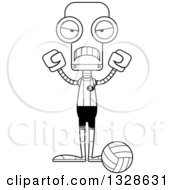 Lineart Clipart Of A Cartoon Black And White Skinny Mad Robot Volleyball Player Royalty Free Outline Vector Illustration