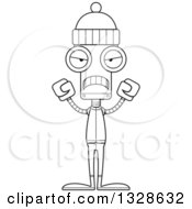 Lineart Clipart Of A Cartoon Black And White Skinny Mad Winter Robot Royalty Free Outline Vector Illustration