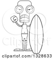 Lineart Clipart Of A Cartoon Black And White Skinny Mad Robot Surfer Royalty Free Outline Vector Illustration