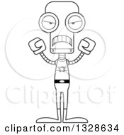 Lineart Clipart Of A Cartoon Black And White Skinny Mad Super Hero Robot Royalty Free Outline Vector Illustration