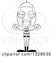 Lineart Clipart Of A Cartoon Black And White Skinny Mad Futuristic Robot Royalty Free Outline Vector Illustration