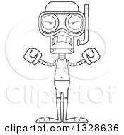 Lineart Clipart Of A Cartoon Black And White Skinny Mad Robot In Snorkel Gear Royalty Free Outline Vector Illustration