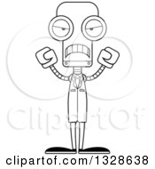 Lineart Clipart Of A Cartoon Black And White Skinny Mad Robot Scientist Royalty Free Outline Vector Illustration