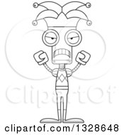 Lineart Clipart Of A Cartoon Black And White Skinny Mad Robot Jester Royalty Free Outline Vector Illustration