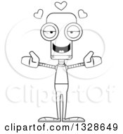 Lineart Clipart Of A Cartoon Black And White Skinny Casual Robot With Open Arms And Hearts Royalty Free Outline Vector Illustration