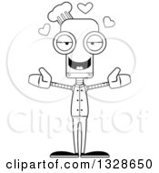 Lineart Clipart Of A Cartoon Black And White Skinny Chef Robot With Open Arms And Hearts Royalty Free Outline Vector Illustration