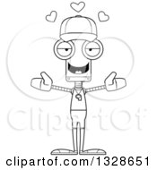Lineart Clipart Of A Cartoon Black And White Skinny Sports Coach Robot With Open Arms And Hearts Royalty Free Outline Vector Illustration