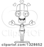 Lineart Clipart Of A Cartoon Black And White Skinny Construction Worker Robot With Open Arms And Hearts Royalty Free Outline Vector Illustration