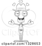 Lineart Clipart Of A Cartoon Black And White Skinny Cowboy Robot With Open Arms And Hearts Royalty Free Outline Vector Illustration