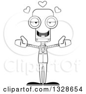Lineart Clipart Of A Cartoon Black And White Skinny Business Robot With Open Arms And Hearts Royalty Free Outline Vector Illustration