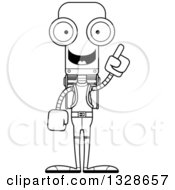 Lineart Clipart Of A Cartoon Black And White Skinny Hiker Robot With An Idea Royalty Free Outline Vector Illustration