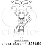 Lineart Clipart Of A Cartoon Black And White Skinny Jester Robot With An Idea Royalty Free Outline Vector Illustration