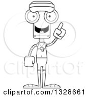 Lineart Clipart Of A Cartoon Black And White Skinny Robot Lifeguard With An Idea Royalty Free Outline Vector Illustration