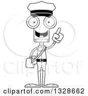 Lineart Clipart Of A Cartoon Black And White Skinny Robot Mailman With An Idea Royalty Free Outline Vector Illustration
