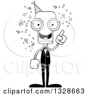 Lineart Clipart Of A Cartoon Black And White Skinny Party Robot With An Idea Royalty Free Outline Vector Illustration