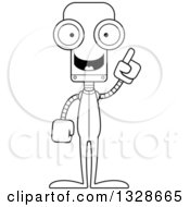 Lineart Clipart Of A Cartoon Black And White Skinny Robot In Pajamas With An Idea Royalty Free Outline Vector Illustration