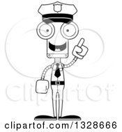 Lineart Clipart Of A Cartoon Black And White Skinny Robot Police Officer With An Idea Royalty Free Outline Vector Illustration