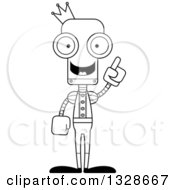 Lineart Clipart Of A Cartoon Black And White Skinny Robot Prince With An Idea Royalty Free Outline Vector Illustration