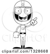 Lineart Clipart Of A Cartoon Black And White Skinny Robot Race Car Driver With An Idea Royalty Free Outline Vector Illustration