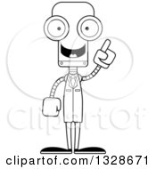 Lineart Clipart Of A Cartoon Black And White Skinny Robot Scientist With An Idea Royalty Free Outline Vector Illustration