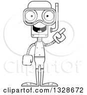 Lineart Clipart Of A Cartoon Black And White Skinny Robot In Snorkel Gear With An Idea Royalty Free Outline Vector Illustration