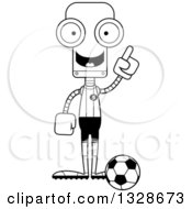 Lineart Clipart Of A Cartoon Black And White Skinny Robot Soccer Player With An Idea Royalty Free Outline Vector Illustration
