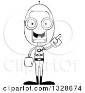 Lineart Clipart Of A Cartoon Black And White Skinny Futuristic Space Robot With An Idea Royalty Free Outline Vector Illustration