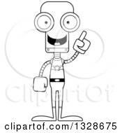 Lineart Clipart Of A Cartoon Black And White Skinny Super Hero Robot With An Idea Royalty Free Outline Vector Illustration