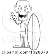 Lineart Clipart Of A Cartoon Black And White Skinny Robot Surfer With An Idea Royalty Free Outline Vector Illustration