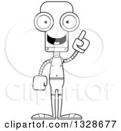 Lineart Clipart Of A Cartoon Black And White Skinny Robot Swimmer With An Idea Royalty Free Outline Vector Illustration