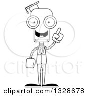 Lineart Clipart Of A Cartoon Black And White Skinny Robot Teacher With An Idea Royalty Free Outline Vector Illustration