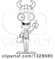 Lineart Clipart Of A Cartoon Black And White Skinny Viking Robot With An Idea Royalty Free Outline Vector Illustration