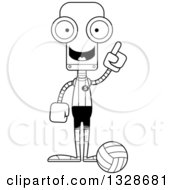 Lineart Clipart Of A Cartoon Black And White Skinny Robot Volleyball Player With An Idea Royalty Free Outline Vector Illustration