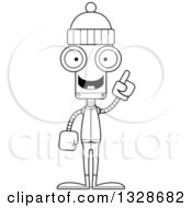 Lineart Clipart Of A Cartoon Black And White Skinny Winter Robot With An Idea Royalty Free Outline Vector Illustration