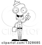 Lineart Clipart Of A Cartoon Black And White Skinny Christmas Elf Robot With An Idea Royalty Free Outline Vector Illustration