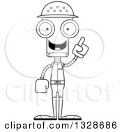 Lineart Clipart Of A Cartoon Black And White Skinny Robot Zookeeper With An Idea Royalty Free Outline Vector Illustration