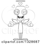 Lineart Clipart Of A Cartoon Black And White Skinny Robot Angel With Open Arms And Hearts Royalty Free Outline Vector Illustration