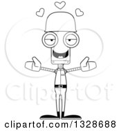 Lineart Clipart Of A Cartoon Black And White Skinny Robot Soldier With Open Arms And Hearts Royalty Free Outline Vector Illustration