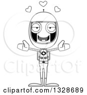 Poster, Art Print Of Cartoon Black And White Skinny Astronaut Robot With Open Arms And Hearts