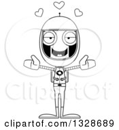 Lineart Clipart Of A Cartoon Black And White Skinny Astronaut Robot With Open Arms And Hearts Royalty Free Outline Vector Illustration