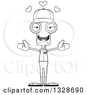 Lineart Clipart Of A Cartoon Black And White Skinny Baseball Player Robot With Open Arms And Hearts Royalty Free Outline Vector Illustration