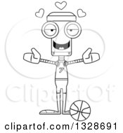 Lineart Clipart Of A Cartoon Black And White Skinny Robot Basketball Player With Open Arms And Hearts Royalty Free Outline Vector Illustration