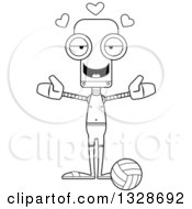 Lineart Clipart Of A Cartoon Black And White Skinny Beach Volleyball Player Robot With Open Arms And Hearts Royalty Free Outline Vector Illustration