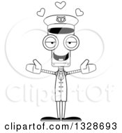 Poster, Art Print Of Cartoon Black And White Skinny Boat Captain Robot With Open Arms And Hearts