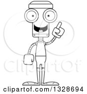 Lineart Clipart Of A Cartoon Black And White Skinny Fitness Robot With An Idea Royalty Free Outline Vector Illustration