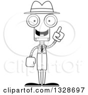 Lineart Clipart Of A Cartoon Black And White Skinny Robot Detective With An Idea Royalty Free Outline Vector Illustration