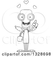 Lineart Clipart Of A Cartoon Black And White Skinny Robot With An Idea Royalty Free Outline Vector Illustration
